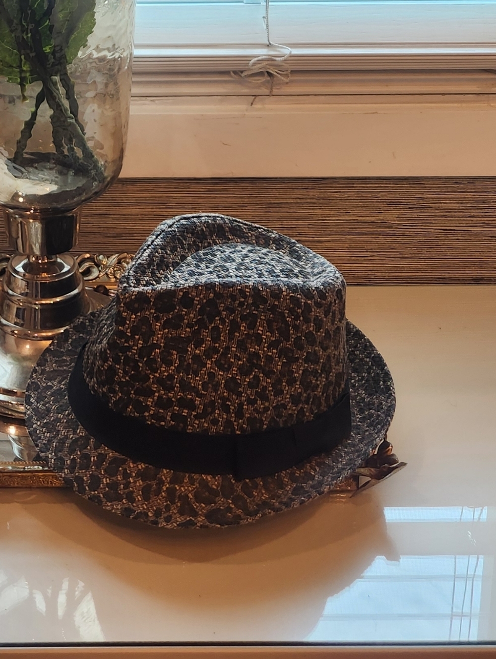 Black and Brown Patterned Fedora with Black Band